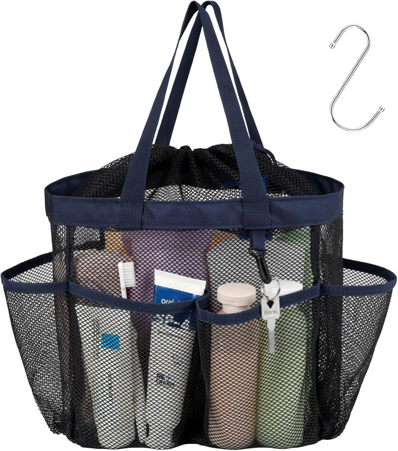 F-color Mesh Shower Caddy Portable with Drawstring - Deeper 7 Pockets Dorm Room Essentials for Guys Girls with S Hook, Shower Bag Tote for College Camping Toiletry Bathroom, Black with Dark Blue
