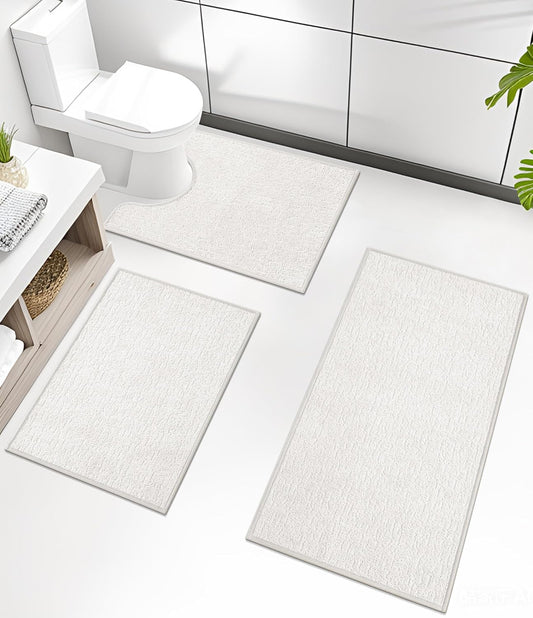 chakme Bathroom Rug Sets 3 Piece, Ultra Thin Bath Mat Quick Dry Bath Mat Set, Absorbent Bath Mat for Bathroom Non Slip Machine Washable, (White, 3 Piece)