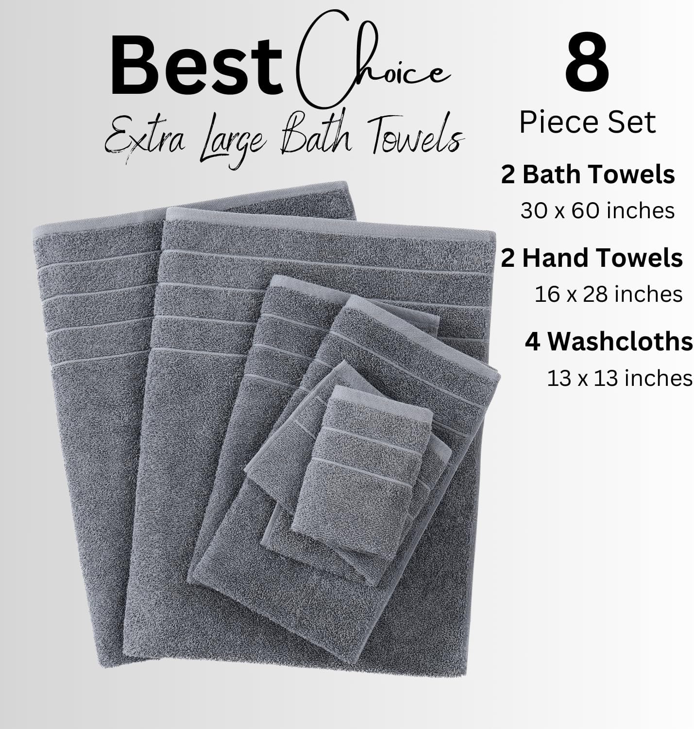 Casa Platino 100% Cotton Luxury Bathroom Towel Set - 8 Pc - Ring Spun, Quick Dry, Soft & Highly Absorbent - 2 Bath, 4 Washcloths, 2 Hand Towels - Remains Plush After Multiple Washes - Cerulean Blue