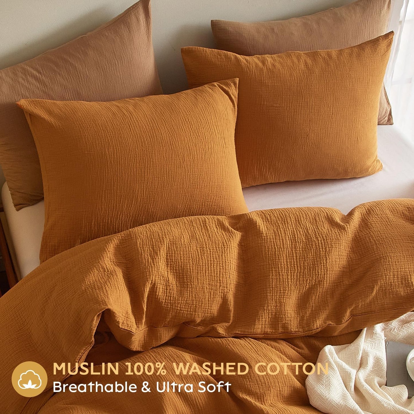 SE SOFTEXLY Muslin Pillowcases Queen Size 100% Cotton, 2 Pack Linen Like Pillow Shams with Envelope Closure, Ultral Soft and Breathable Pillow Case Covers, Pumpkin, 20" X 30", No Filling