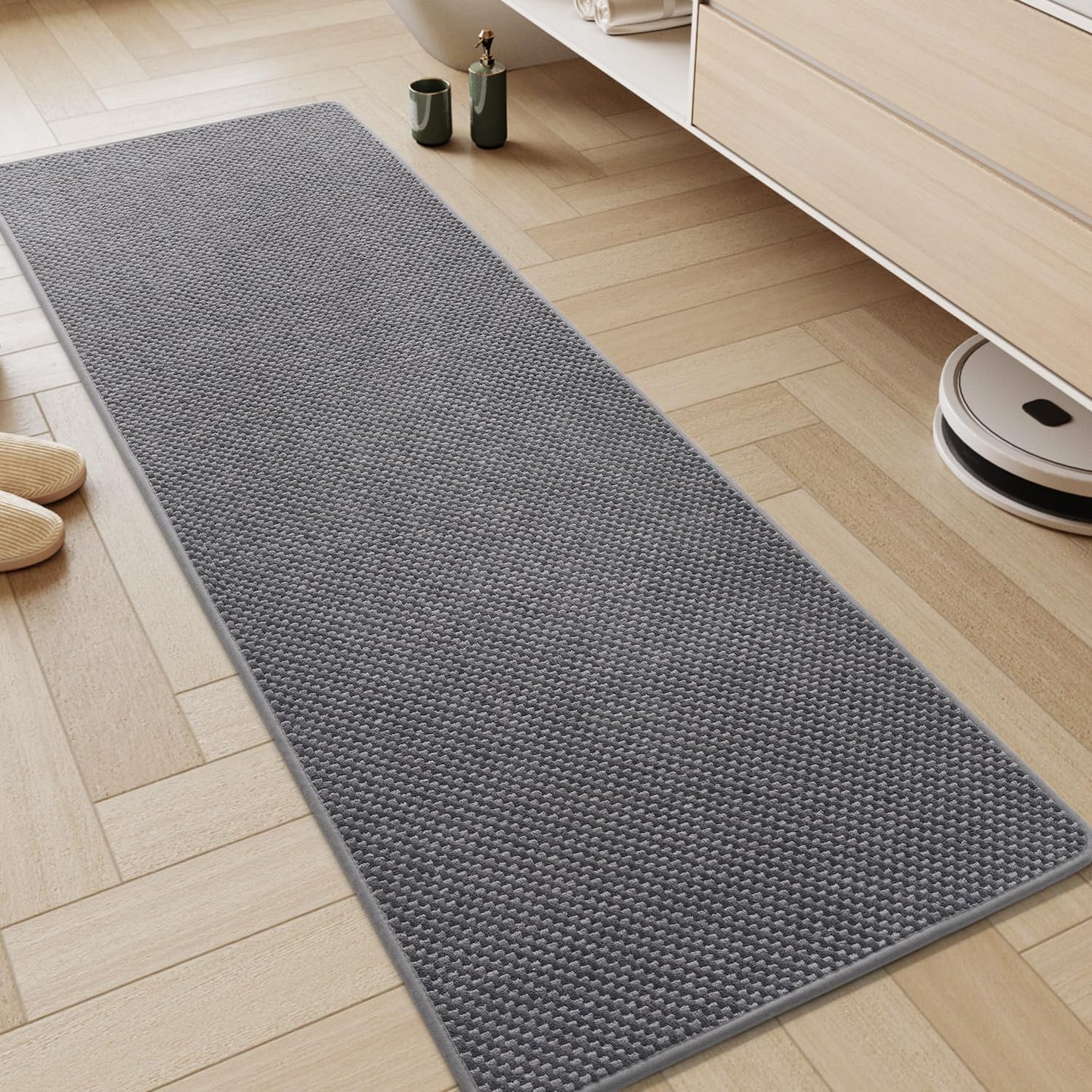 AMOAMI Chenille Bath Mat Super Absorbent Bathroom Mat Quick Dry Low Pile Bath Mats for Bathroom Washable Rubber Backed Bathroom Runners Fit Under Door, Front of Bathtub, Darkgrey&LIGHTGREY 17"x59"