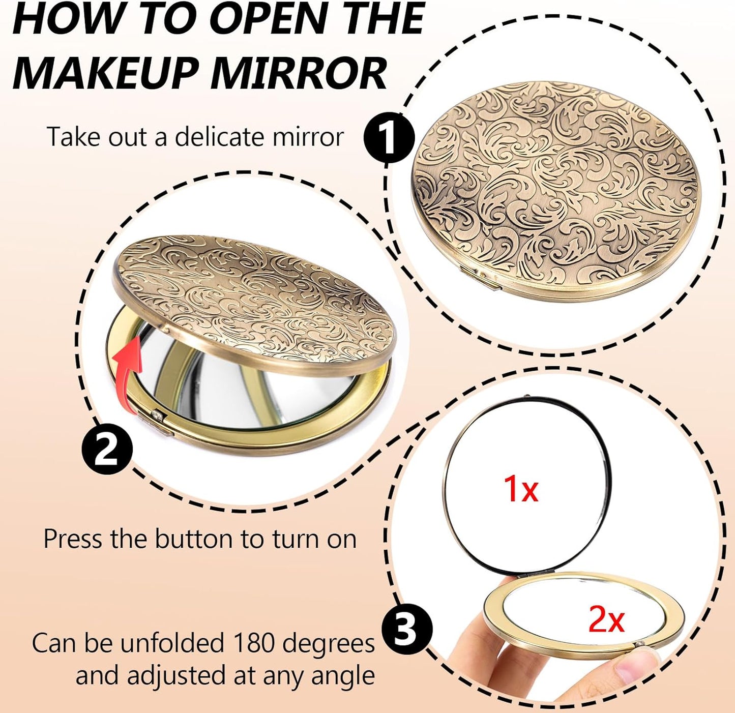 Portable Compact Metal Folding Makeup Mirrors, Beautiful and Elegant,1X/2X Magnifier. (Bronze)