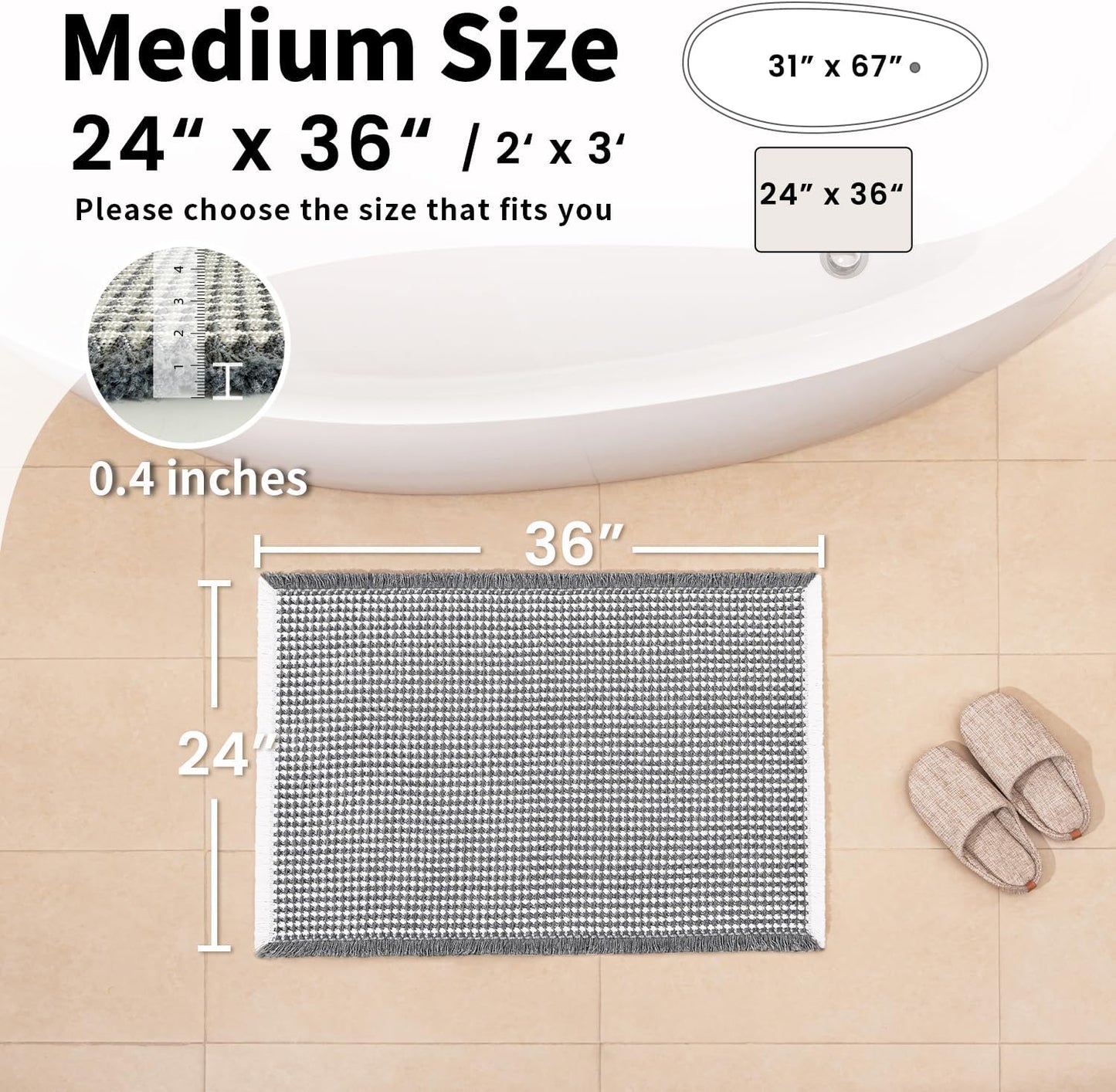 Waffle Bath Mat - Boho Bathroom Rugs Non Slip Washable, Super Absorbent & Quick Dry, Soft Bath Mat Farmhouse Bathroom Decor, 24'' x 36'', Dark Grey and White