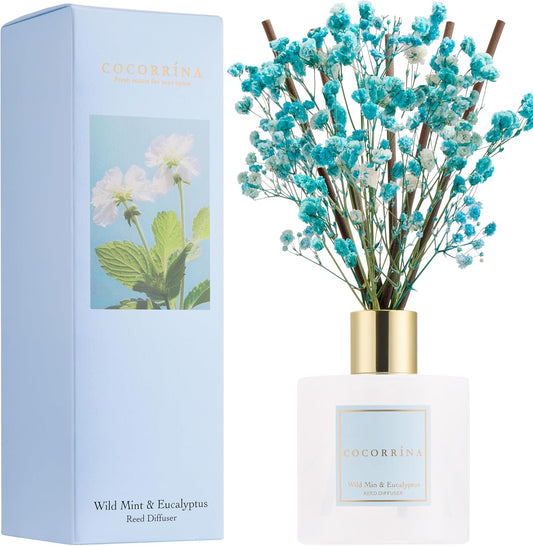 COCORRÍNA Reed Diffuser - Wild Mint & Eucalyptus 6.7 Fl.oz Reed Diffuser Set with Sticks & Preserved Baby's Breath, Reed Diffuser for Home Bathroom Shelf Decor