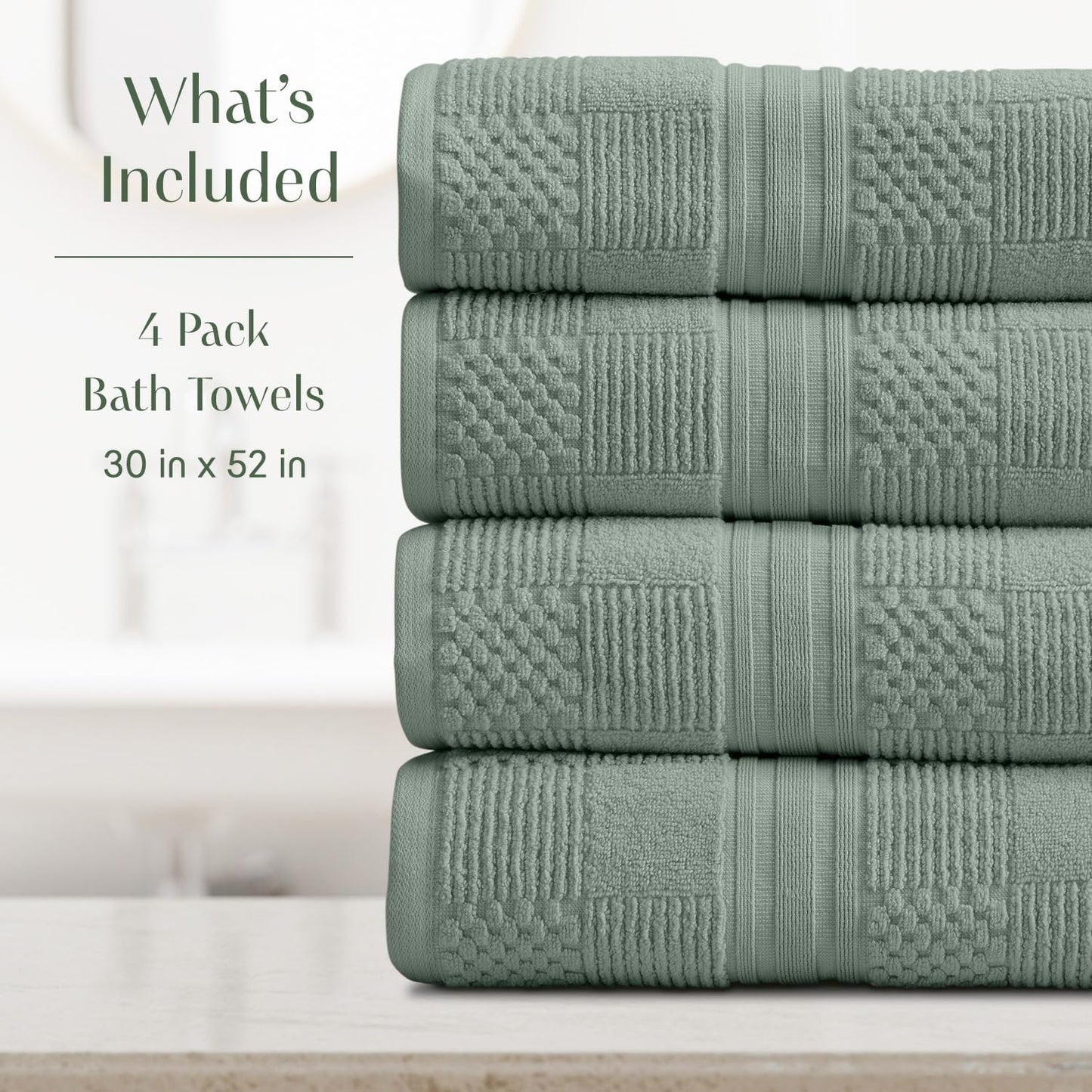 Springtree Home 100% Cotton Bath Towel Set of 4 | Green Bath Towels | Geometric Textured Design | Absorbent & Quick-Dry | 4 Bath Towels | Oeko-TEX® Standard 100 Cotton | Myla Collection - Lily Pad