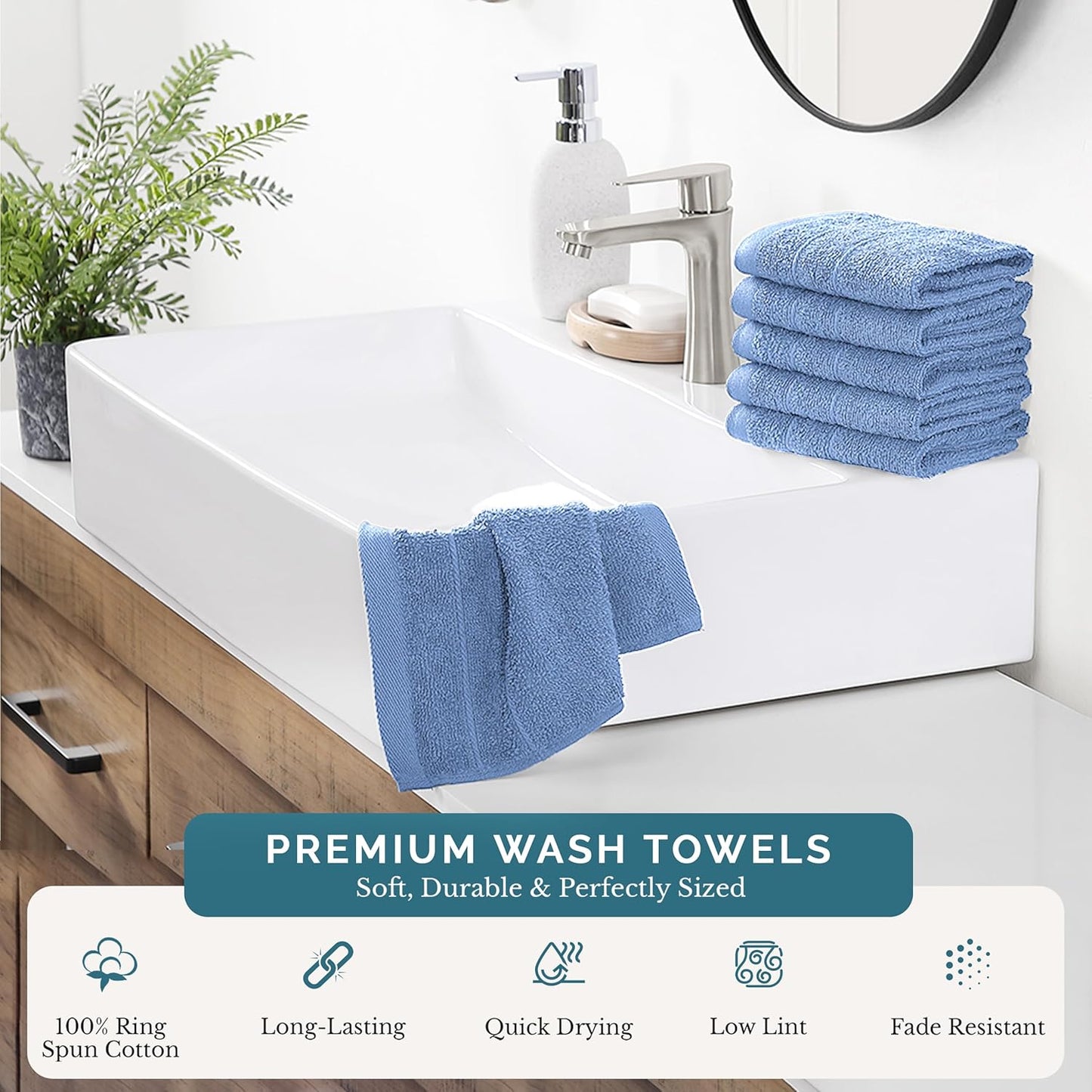 Casa Platino 100% Cotton Wash Cloths 6 Pack - Spa & Salon Quality - Ring Spun Cotton Face Cloths- Soft & Absorbent Washcloths for Shower, Home, Kitchen - Fingertip Towels - 13"x13", Cerulean Blue