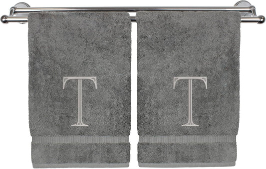 Monogrammed Hand Towel, Personalized Initial Gift, Extra Absorbent 100% Turkish Cotton - Soft Terry Finish - Set of 2 - Silver Block Initial T - Embroidered on Grey Towels