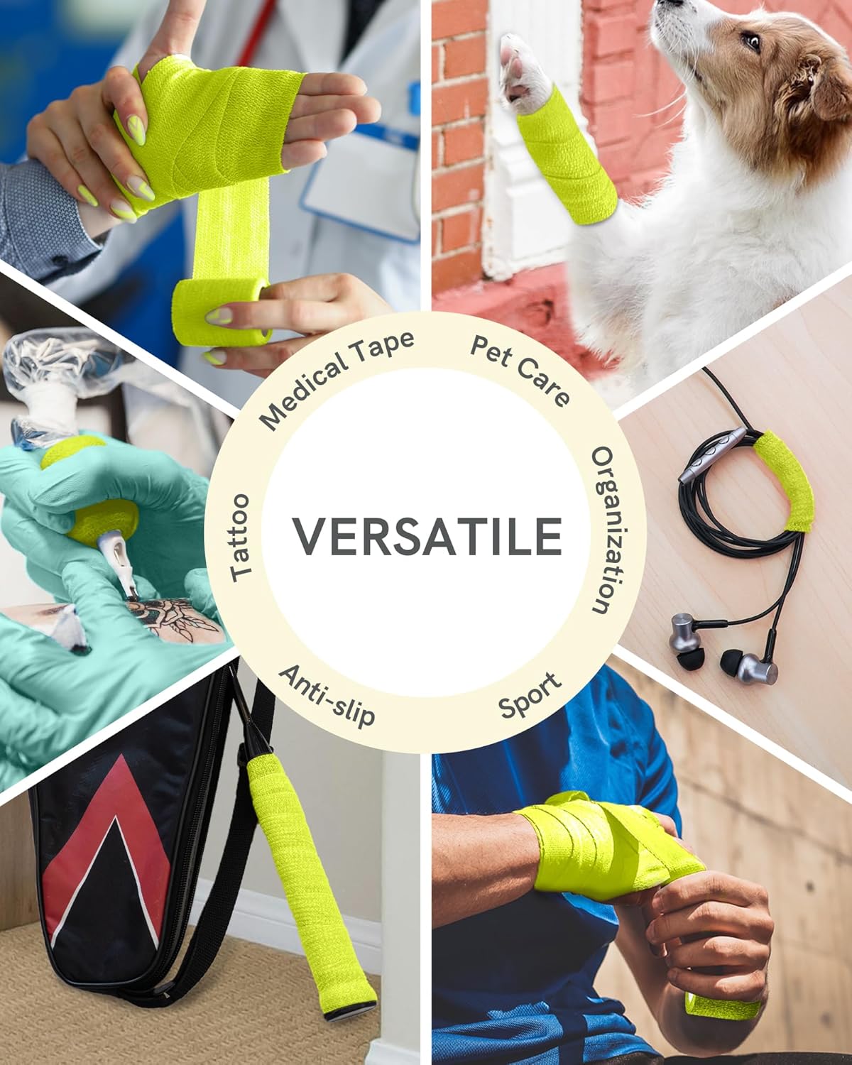 FriCARE Self Adhesive Bandage Wrap, Medical Tape in First Aid Kit, Cohesive Bandages for Wounds Sport Vet, FSA/HSA Eligible, 2 Inches X 5 Yards 6 Rolls, Fluorescent Yellow