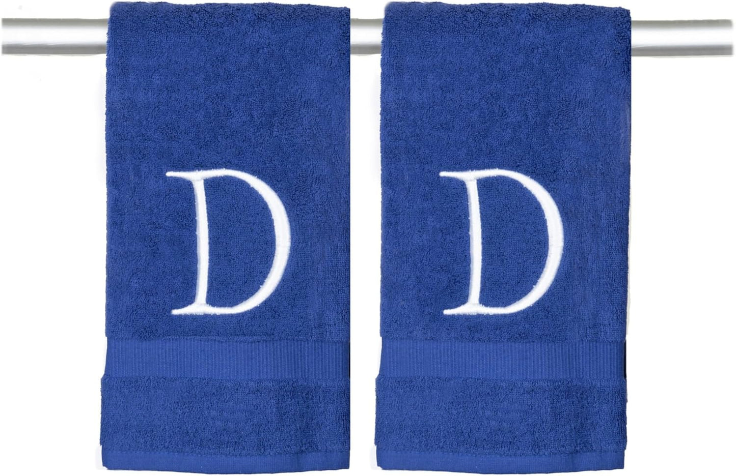 Navy Luxury Hand Towel for Bathroom - Monogrammed Initial Hotel Quality Decorative Embroidered Towel for Powder Room, Spa - GOTS Organic Certified - Set of 2 White Letter D
