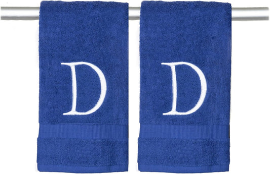 Navy Luxury Hand Towel for Bathroom - Monogrammed Initial Hotel Quality Decorative Embroidered Towel for Powder Room, Spa - GOTS Organic Certified - Set of 2 White Letter D