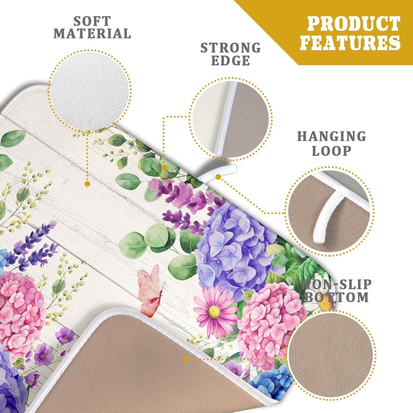 Hydrangea Floral Dish Drying Mat 16x18 inch Spring Summer Decorative Fast Dry Dishes Draining Mats Absorbent Microfiber Drainer Rack Pad