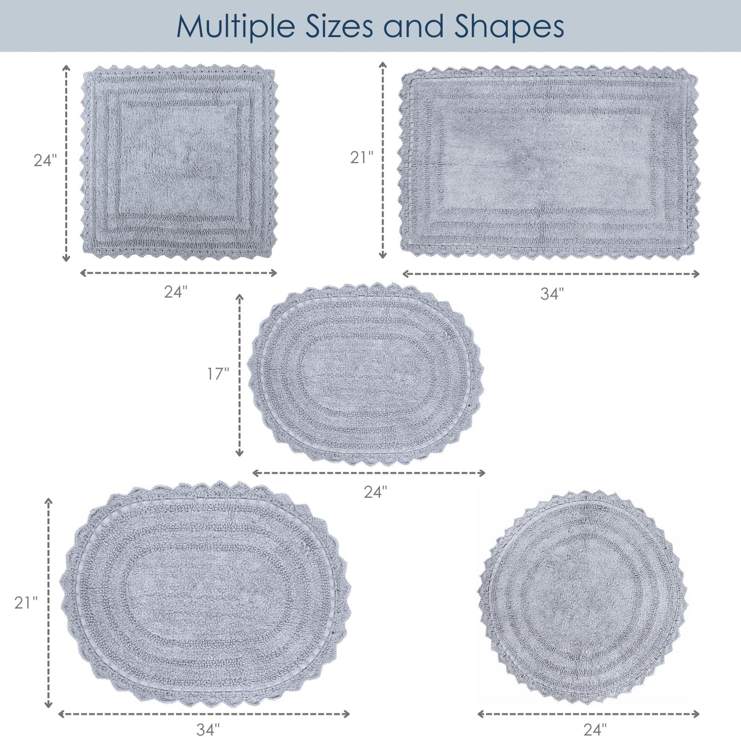 RAJRANG Bathroom Rug for Kitchen and Spa with Crochet Pattern Cotton Absorbent Soft Reversible Bath Mat Light Grey Square 24 Inches