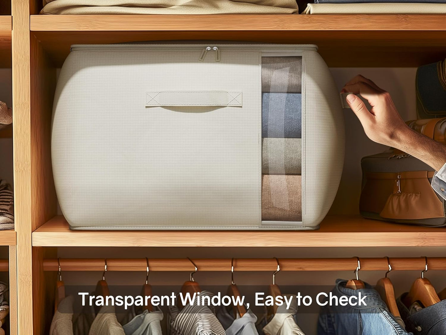 Large Canvas Clothes Storage Bags with Thick Handles and Clear Window, Foldable Cotton Linen Underbed Closet Organizer for Clothing, Blankets and Bedding, 60L, 3 Pack, Beige