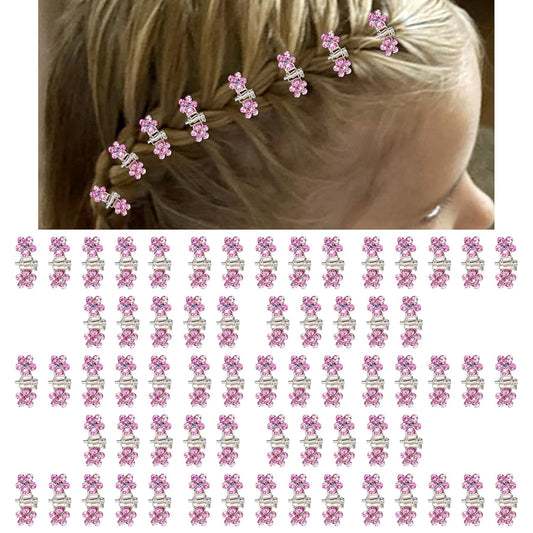 65PCS Mini Pink Flower Hair Clips with Rhinestone Mini Glitter Teeth Rhinestone Flower Hair Accessories - No-Slip Grip Metal Jaw Clamps for Girls Women (Silver-Pink Crystal)