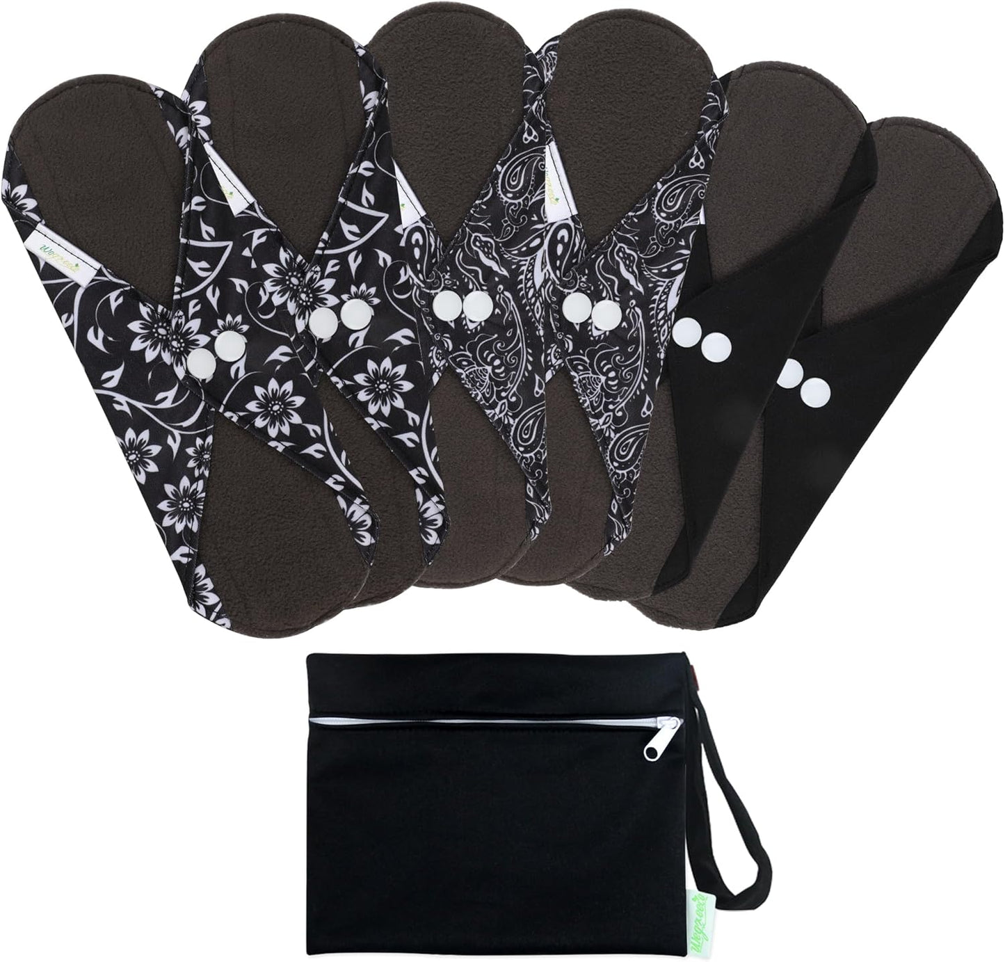 wegreeco Reusable Menstrual Pads - Reusable Sanitary Pads | Reusable Panty Liners | Soft Cloth Menstrual Pads - 6 Pack with 1 Cloth Mini Wet Bag (Medium, Black Flowers)