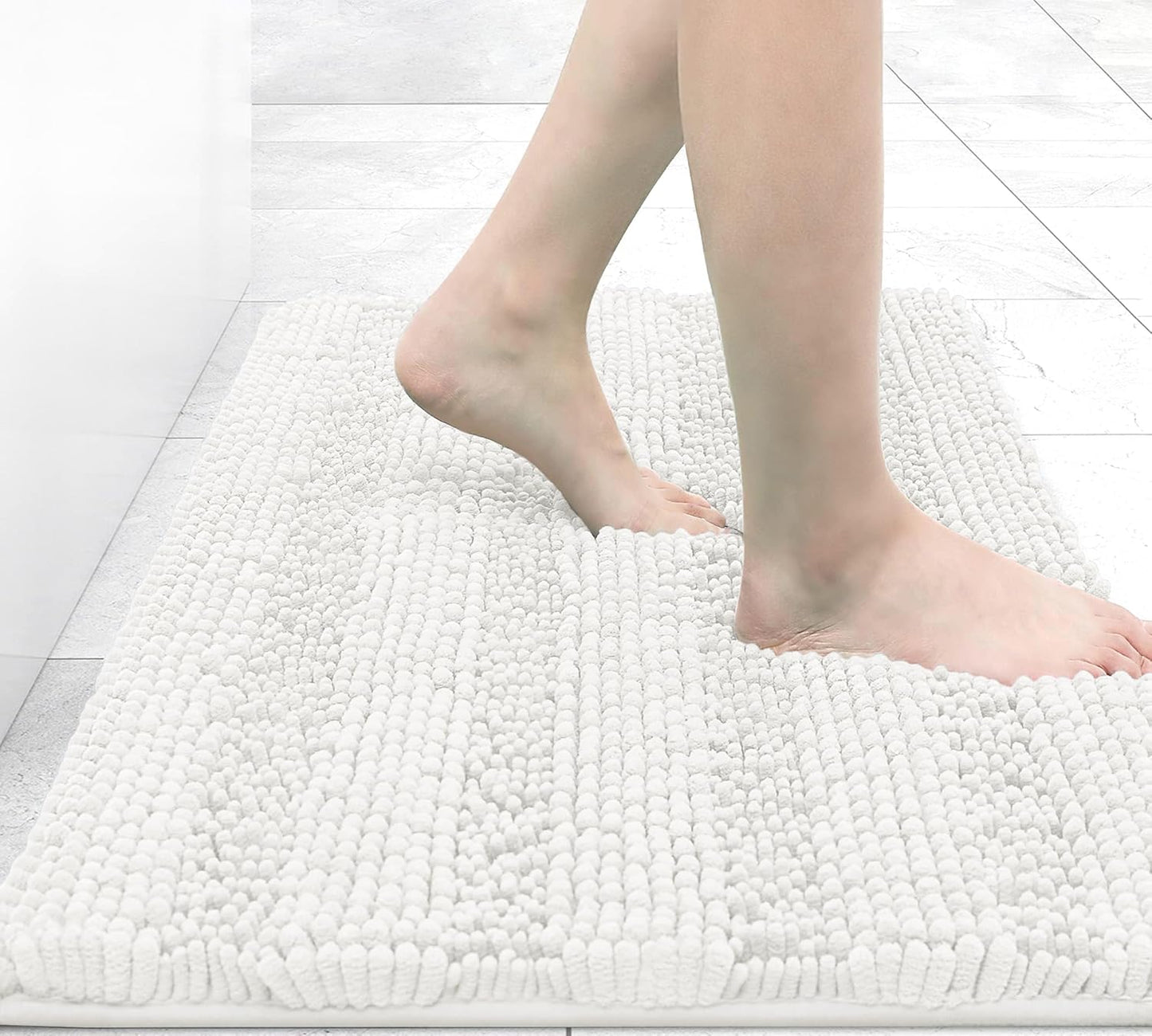 Grandaily Chenille Striped Bathroom Rugs 24x16, Extra Thick and Absorbent Bath Mats, Non-Slip Soft Plush Shaggy Shower Carpet, Machine Wash Dry, Bath Rug for Bathroom, (Small, Ivory)