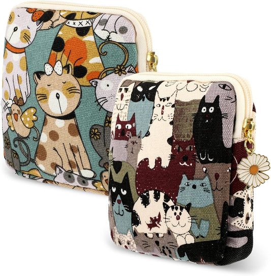 cobee 2PCS Sanitary Pad Storage Bag, Cute Sanitary Napkin Storage Purses Portable Period Bag with Daisy Zipper Panty Liner Tampon Menstrual Cup Nursing Pad Holder Pouch for Girls Women Travel(Cat)