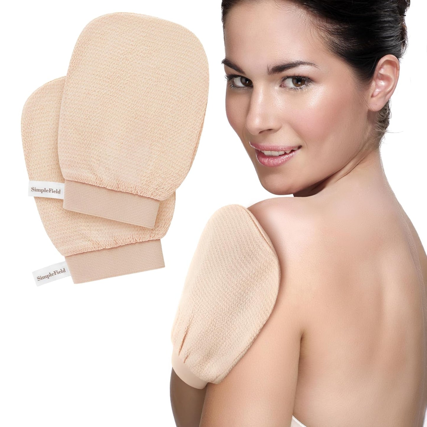 Korean Exfoliating Mitt for Remove Dead Skin. 2 Pack 100% Viscose Kessa Deep Exfoliating Gloves for Body Scrub, Keratosis Pilaris & Self Tanning Removal. Smooth Skin Surface. (Muted Peach)
