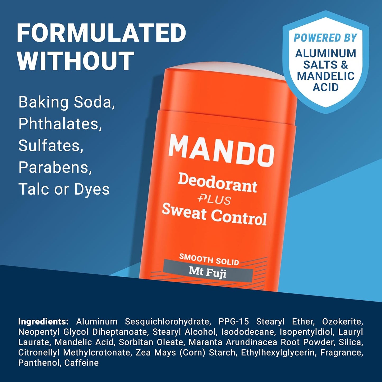 Mando Antiperspirant Deodorant Sweat and Odor Control for Men – Extra Strength Smooth Solid Stick – 72 Hour Performance – Baking Soda Free – 2.6 oz – 3 Pack – Bourbon Leather, Pro Sport, Mt Fuji