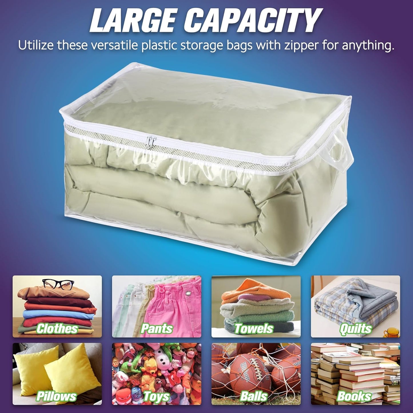 HIBAG 20 Gallon Large Storage Bag for Clothes, Zipper Clothing Storage Bag, Clear Organizer with Reinforced Handles, for Comforters Blankets Pillows Bedding (1 Pack)