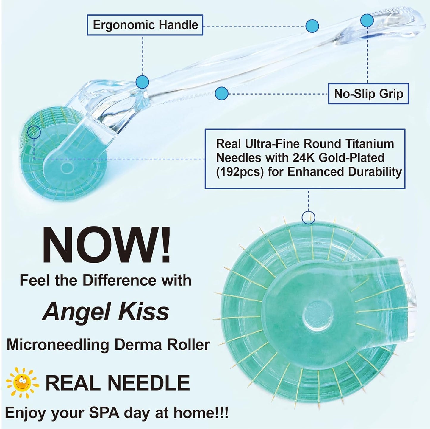 Derma Roller REAL NEEDLE for Face, Beard, Scalp & Body | Angel Kiss Upgraded 192 Titanium Microneedling Roller 0.3mm | At-Home Beauty Tool for Women & Men | Beard Roller & Skin Care Gift