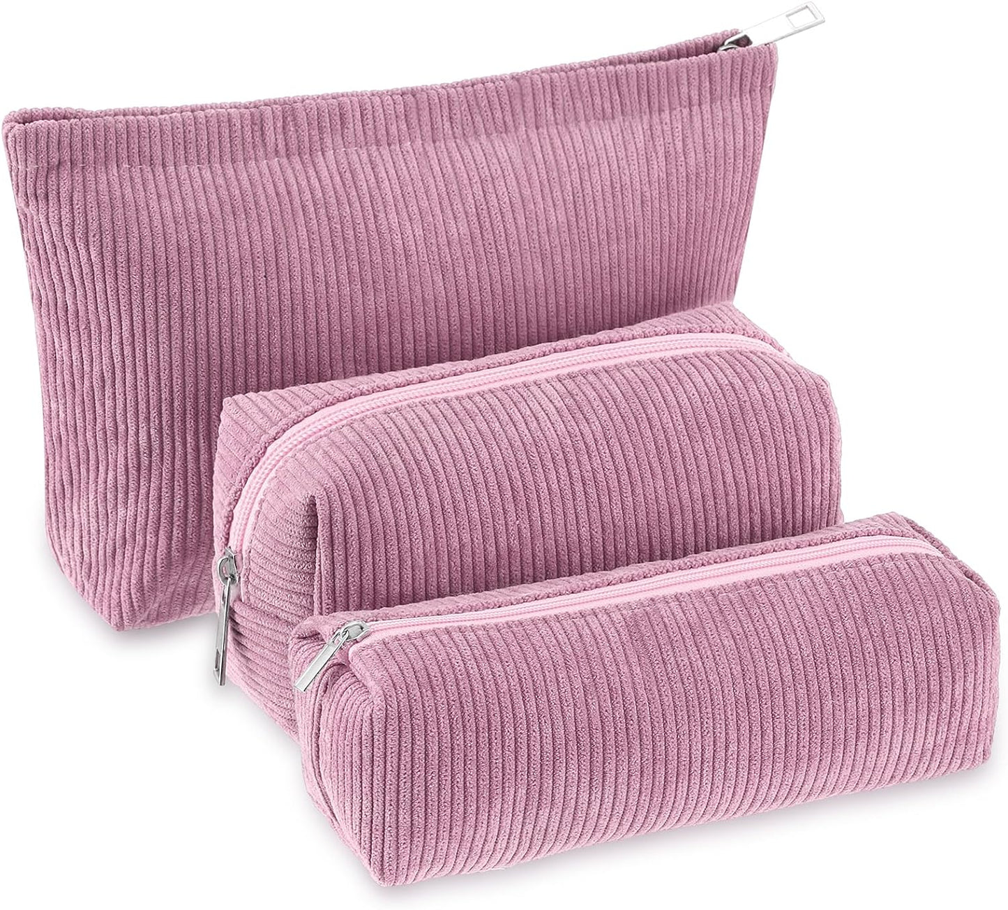 3 Pcs Makeup Bag Set for Women Corduroy Cosmetic Pouch Aesthetic Smile Travel Toiletry Bag Cute Purse Pouch Pencil Case Makeup Brushes Storage Organizer for Christmas(Rose Pink,Solid Style)