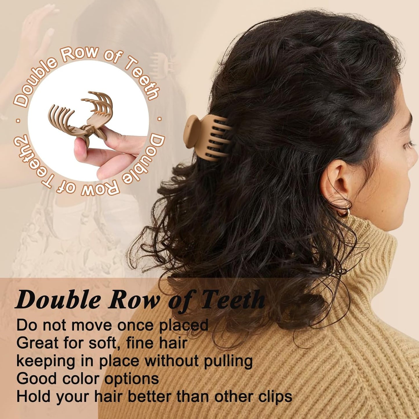 DEEKA 8 Pack Medium Small Hair Clips Set 2"" Rectangle and 1.6"" Double Row Teeth Hair Claw Clips for Thin Short Hair Matte Hair Clips Hair Accessories for Women Girls, Beige, Brown, Khaki, Black