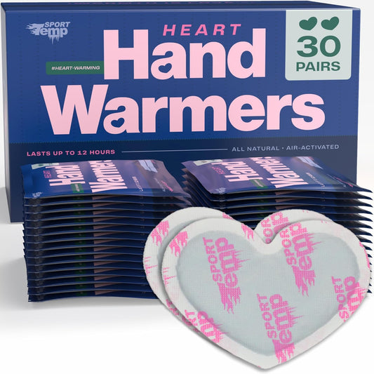 Heart Shape Hand Warmers (30 Pairs) - Up to 12 Hours of Heat, Super Long Lasting - Easy, All Natural - Air Activated, for Body & Hands - Odorless Hot Hand Warmer - Sport Temp