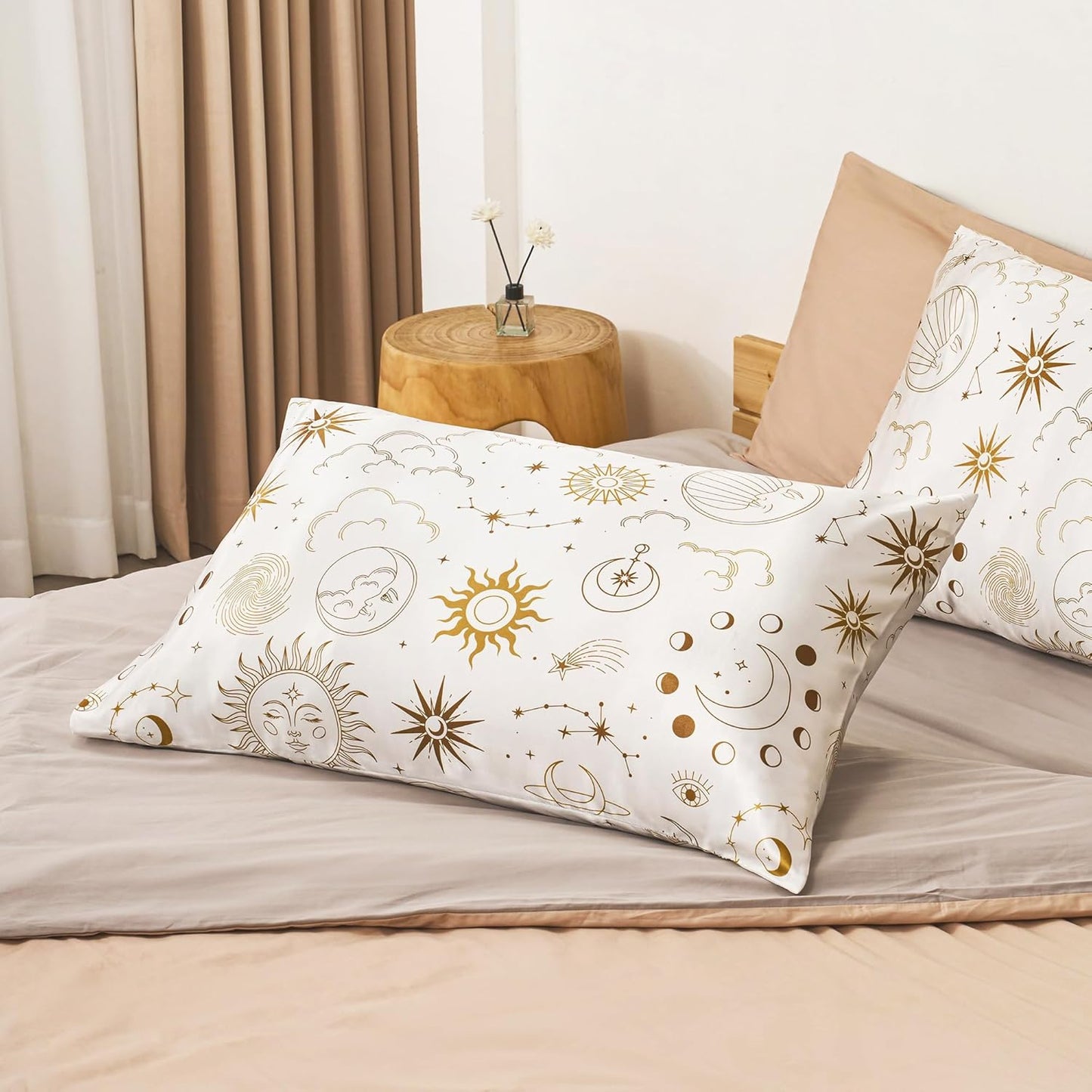 EXQ Home Silky Satin Pillowcase for Hair and Skin,Printed Pillow Cases Standard Size Set of 2 Pink Satin Pillow Case 2 Pack with Envelope Closure（ White Moon，20"x26"）