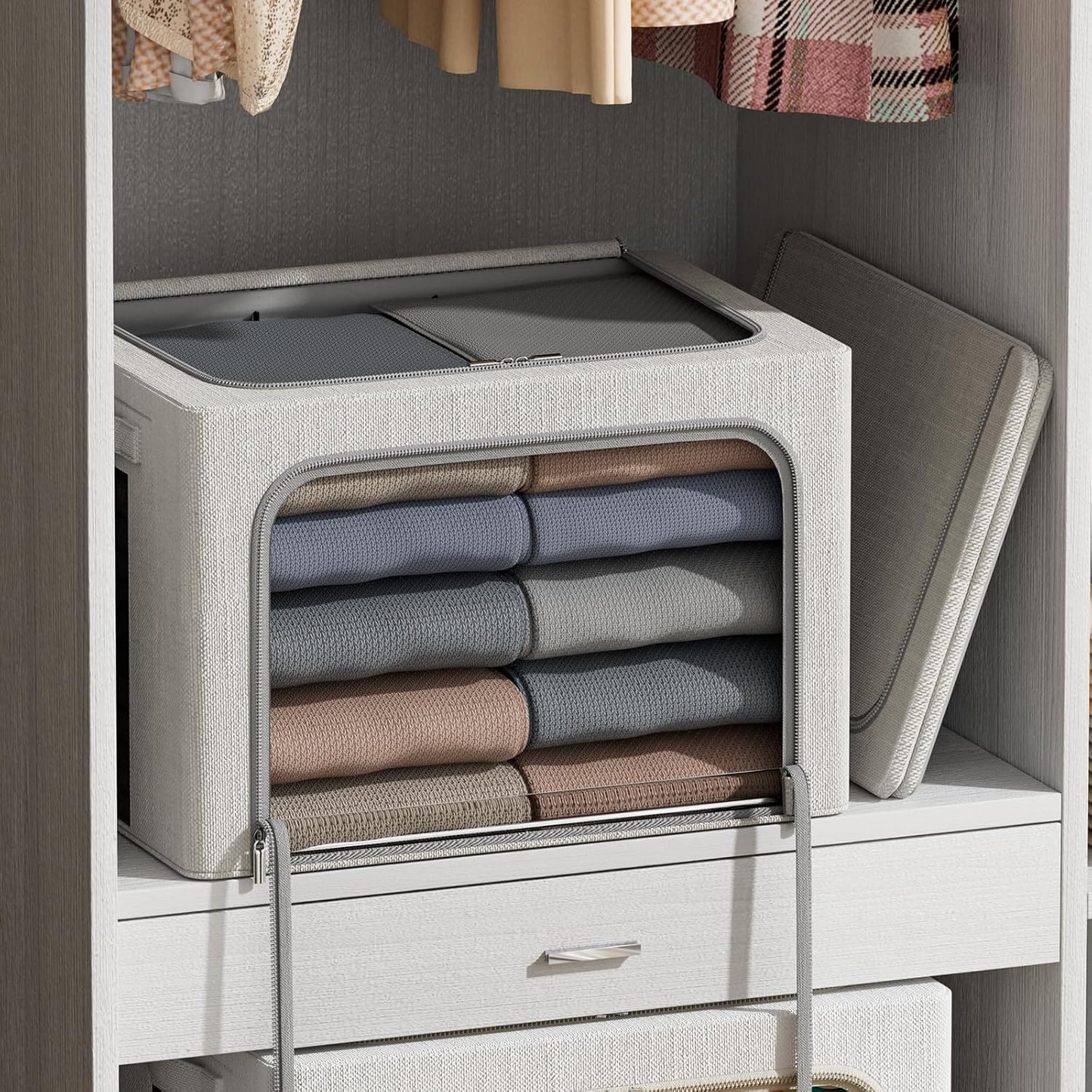 FHSQX 6 Pack Clothes Storage Bins with Metal Frame Foldable Storage Bins for Clothes Linen Fabric Storage Box with Clear Window (Light Grey, 19.7x15.7x13inch(66L))