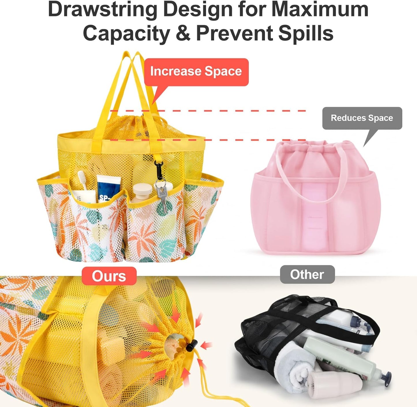 F-color Mesh Shower Caddy Portable with Drawstring - Upgrade Deeper 7 Pockets Dorm Room Essentials for Guys Girls with S Hook, Shower Bag Basket Tote for College Camping Bathroom, Yellow Beach