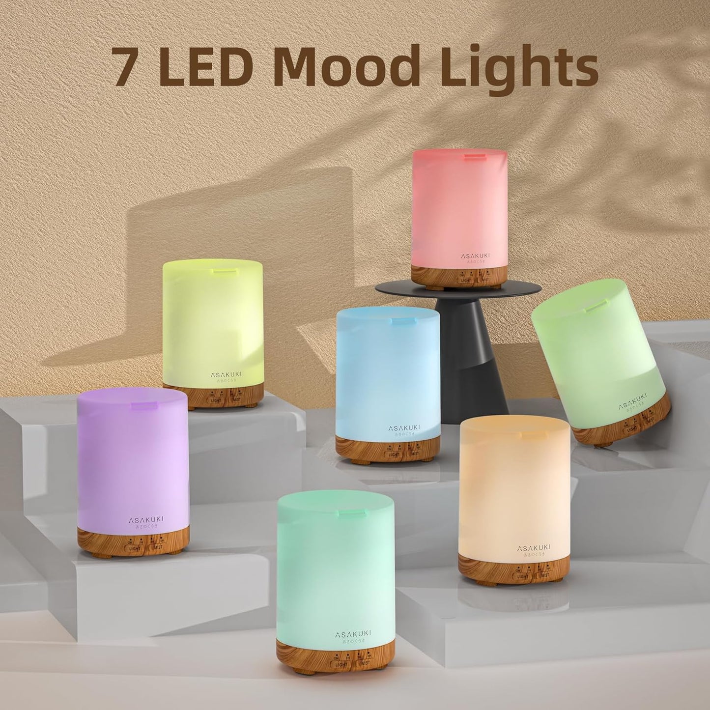 ASAKUKI Essential Oil Diffuser, Aromatherapy Cool Mist Home Humidifier with 7 LED Color Changing Light and Auto-Off Safety Switch, 6 Essential Oils Set, 300ml (Brown with Oils)