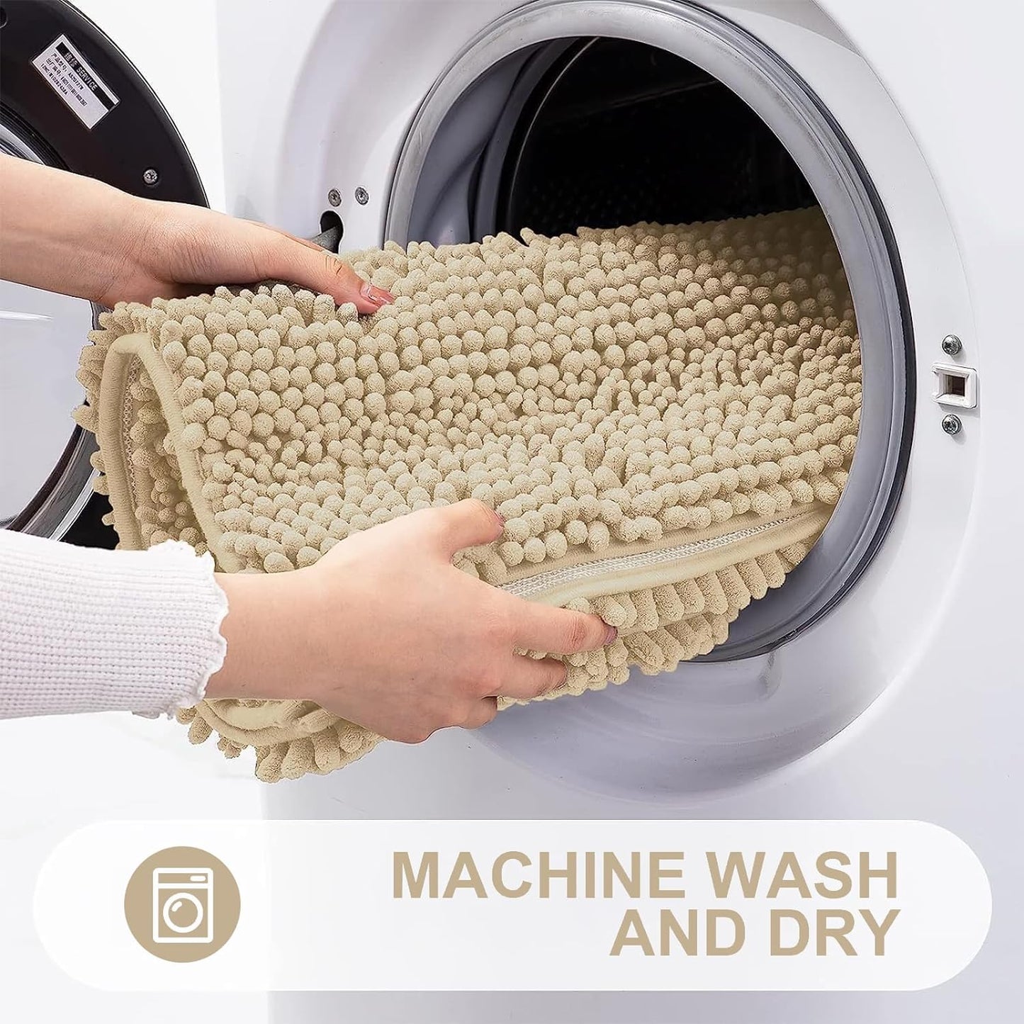 Grandaily Chenille Striped Bathroom Rugs 47x32, Extra Thick and Absorbent Bath Mats, Non-Slip Soft Plush Shaggy Shower Carpet, Machine Wash Dry, Bath Rug for Bathroom, Beige