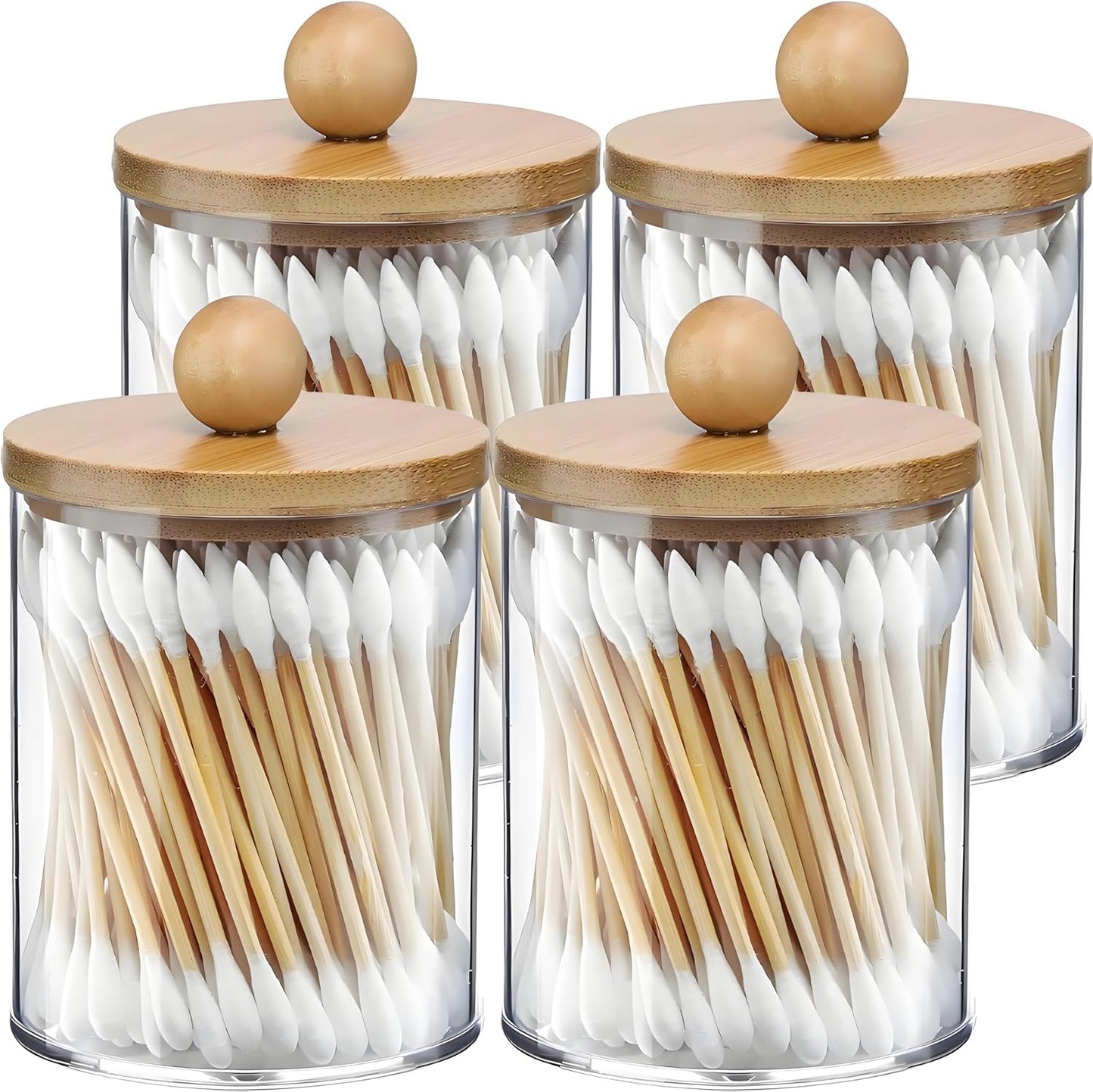 AXX Qtip Dispenser Apothecary Jars Bathroom - Qtip Holder Storage Canister Clear Plastic Jar for Cotton Swab,Q-Tips,Cotton Rounds (Bamboo 4Pcs)