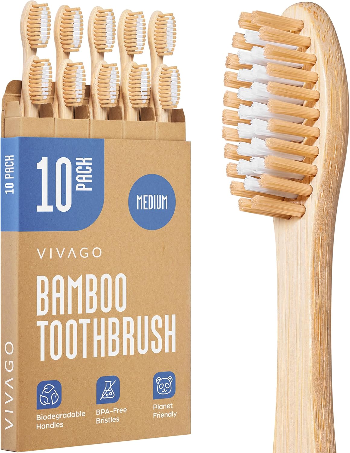 Bamboo Toothbrushes Medium Bristles 10 Pack - BPA Free Medium Bristles Toothbrushes for Adults - Eco-Friendly, Natural Wooden Toothbrush