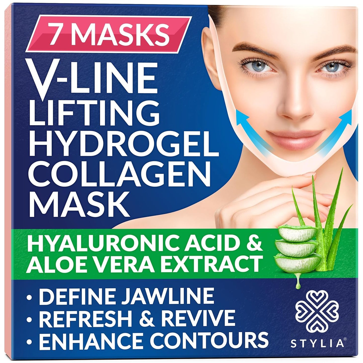 STYLIA V Line Lifting Collagen Face Mask - Lift, Firm & Contour Jawline - Double Chin Strap with Hyaluronic Acid & Aloe Vera - Hydrating Neck & Face Tightening Mask - Chin Strap for Sleeping (7PC)