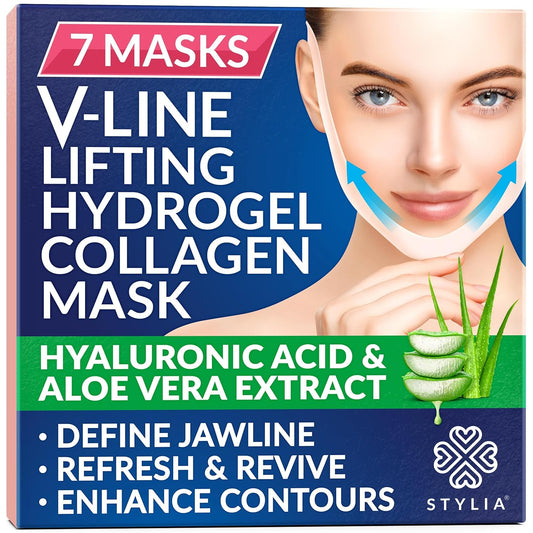STYLIA V Line Lifting Collagen Face Mask - Lift, Firm & Contour Jawline - Double Chin Strap with Hyaluronic Acid & Aloe Vera - Hydrating Neck & Face Tightening Mask - Chin Strap for Sleeping (7PC)