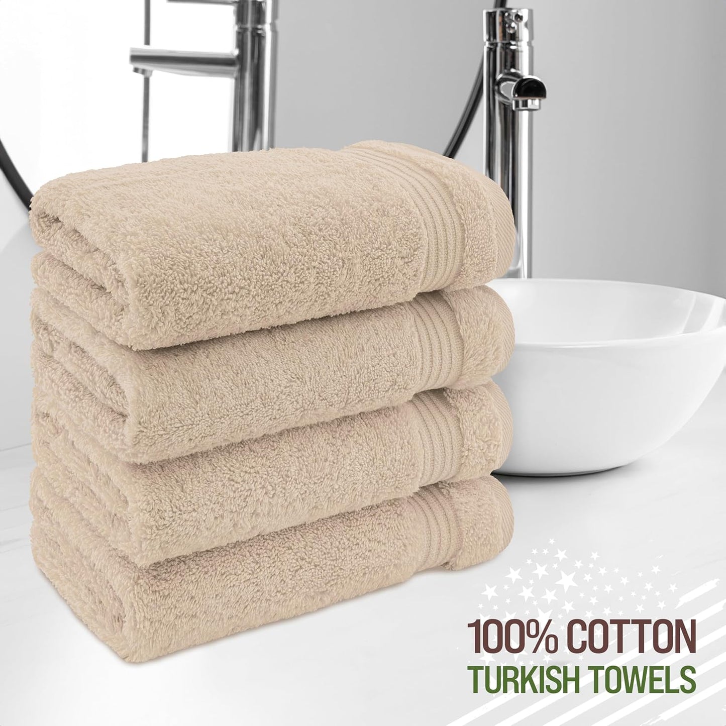 American Veteran Towel, Hand Towels for Bathroom Set of 4, 100% Cotton Turkish Hand Towel Sets, Soft Hand Face Towels, Beige Hand Towels