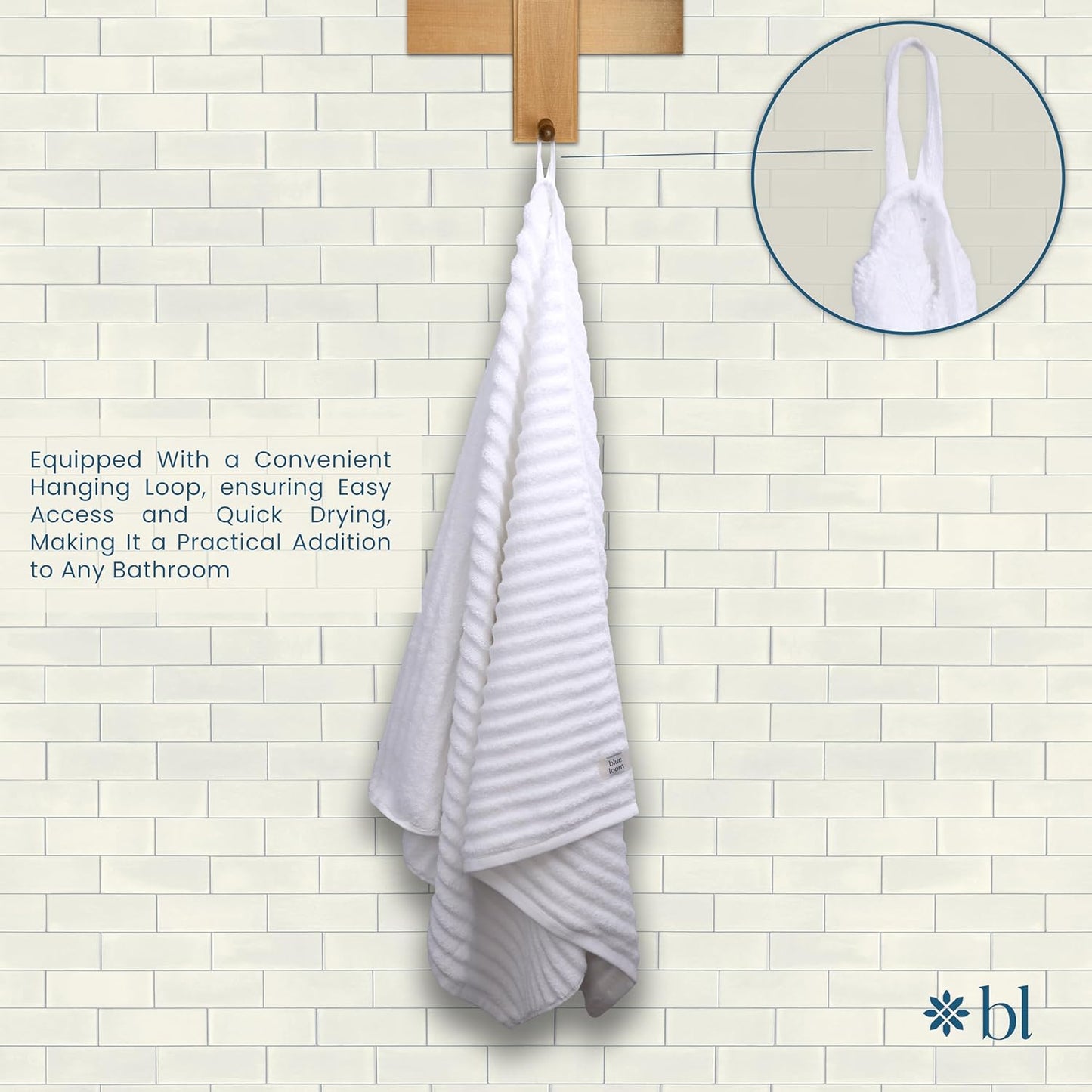 Blue Loom Ribbed Bath Towels Set, 100% Cotton 600GSM, Soft Absorbent Durable 2 Bath Towels, 2 Hand Towels, 2 Wash Cloths for Bathroom - Mason (58" x 30" inch Towels) (White, 6 Piece)