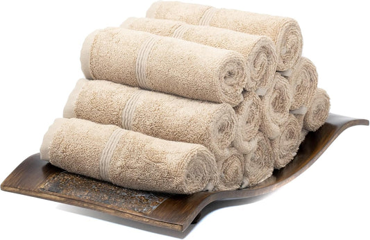 Mosobam Luxury Turkish Towels Set of 12 Washcloths 13X13 Light Taupe 700 GSM Bamboo Viscose & Aegean Turkish Combed Cotton