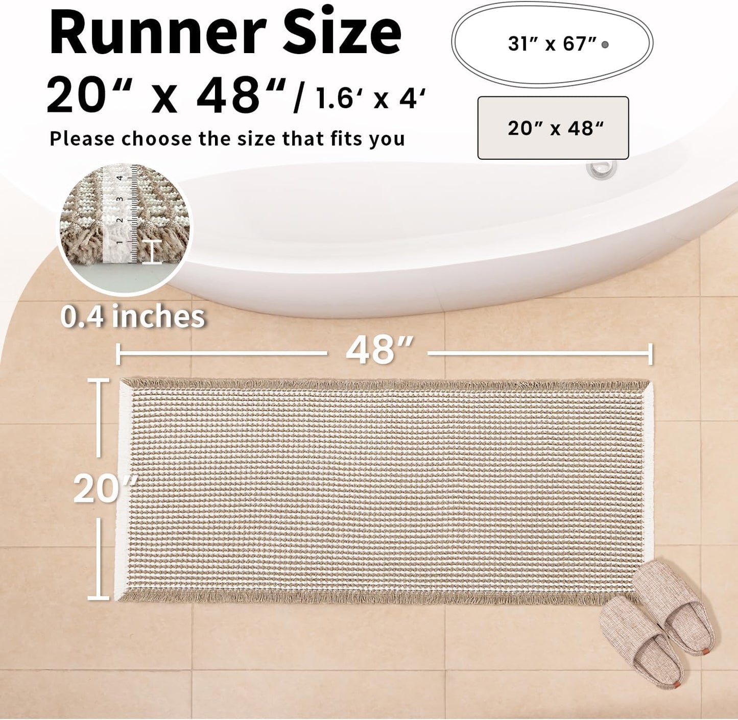 Waffle Bath Mat - Boho Bathroom Rugs Non Slip Washable, Super Absorbent & Quick Dry, Soft Bath Mat Farmhouse Bathroom Decor, 20'' x 48'', Khaki and White