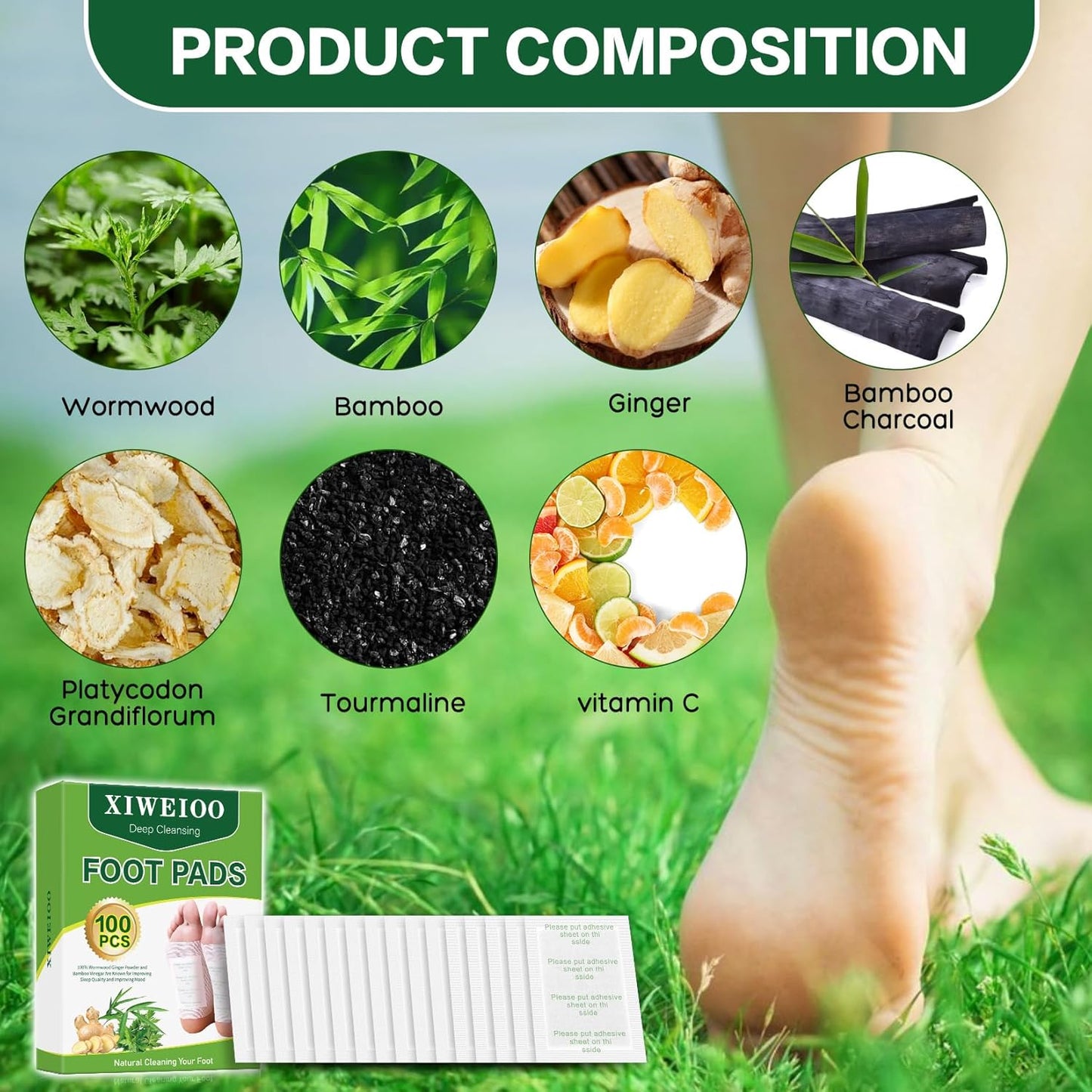 XIWEIOO100 Pack Foot Pads Paches,feet Deep Cleansing Bamboo Foot Paches, Ginger Foot Pads Foot Care Pads |Natural Bamboo Charcoal Ginger Oil Care Patch