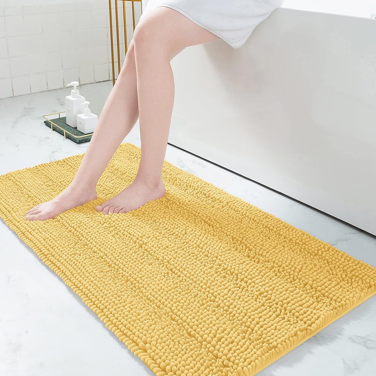Grandaily Chenille Striped Bathroom Rugs 47x24, Extra Thick and Absorbent Bath Mats, Non-Slip Soft Plush Shaggy Shower Carpet, Machine Wash Dry, Bath Rug for Bathroom, Yellow