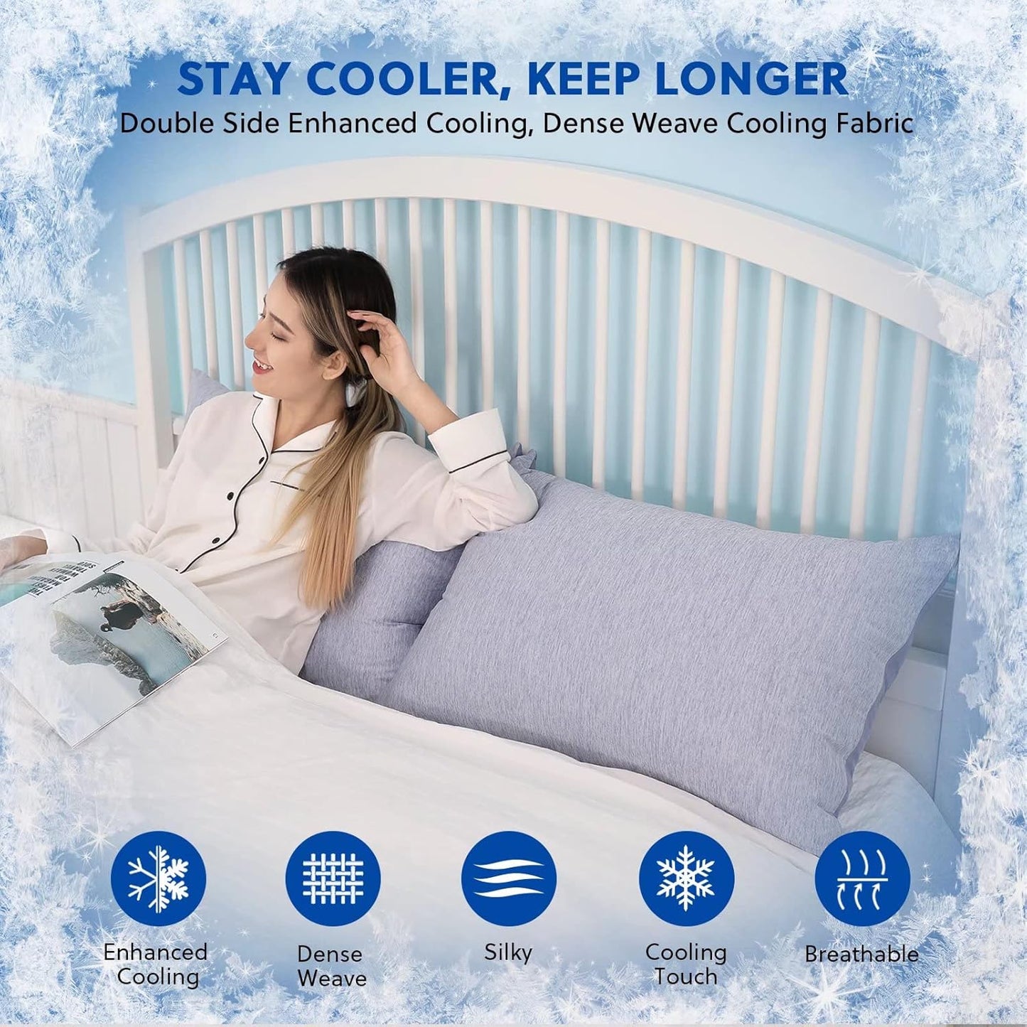 HOMFINE Cooling Pillowcases Queen Size - Double Side Q-Max 0.439 Cooling Fiber for Pillow Protector, Breathable Cold Pillow Cover for Hot Sleeper Night Sweat, Hidden Zipper, 2 Pack (20"x30", Blue)