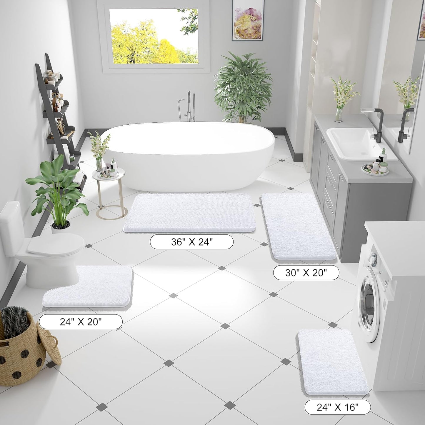 OLANLY Bathroom Rugs 44x24, Extra Soft Absorbent Chenille Bath Rugs, Rubber Backing Quick Dry, Machine Washable Bath Mats for Bathroom Floor, Tub and Shower, Home Decor Accessories, White