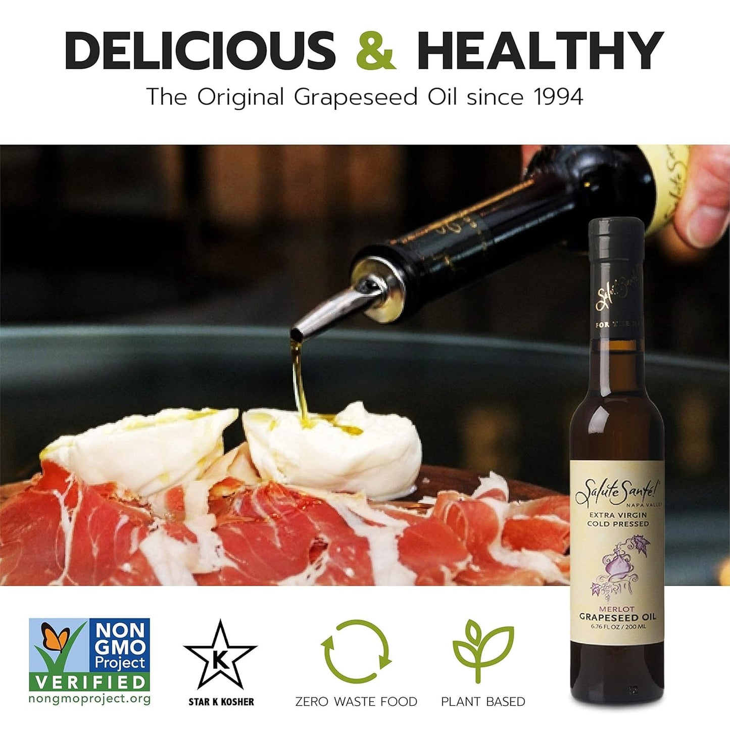 Cold Pressed Extra Virgin Merlot Grapeseed Oil by Salute Sante! Healthy Grape Seed Oil for Finishing, Marinades and Salads, Vegan, 200 Milliliter, 6 Pack