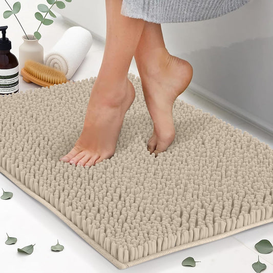 ITSOFT Plush Bathroom Rug 25x18, Absorbent Machine Washable Non Slip Chenille Bath Mats, Quick Dry Bathmat, Bath Rugs for Bath, Shower, Bedroom, or Door Mat, Beige