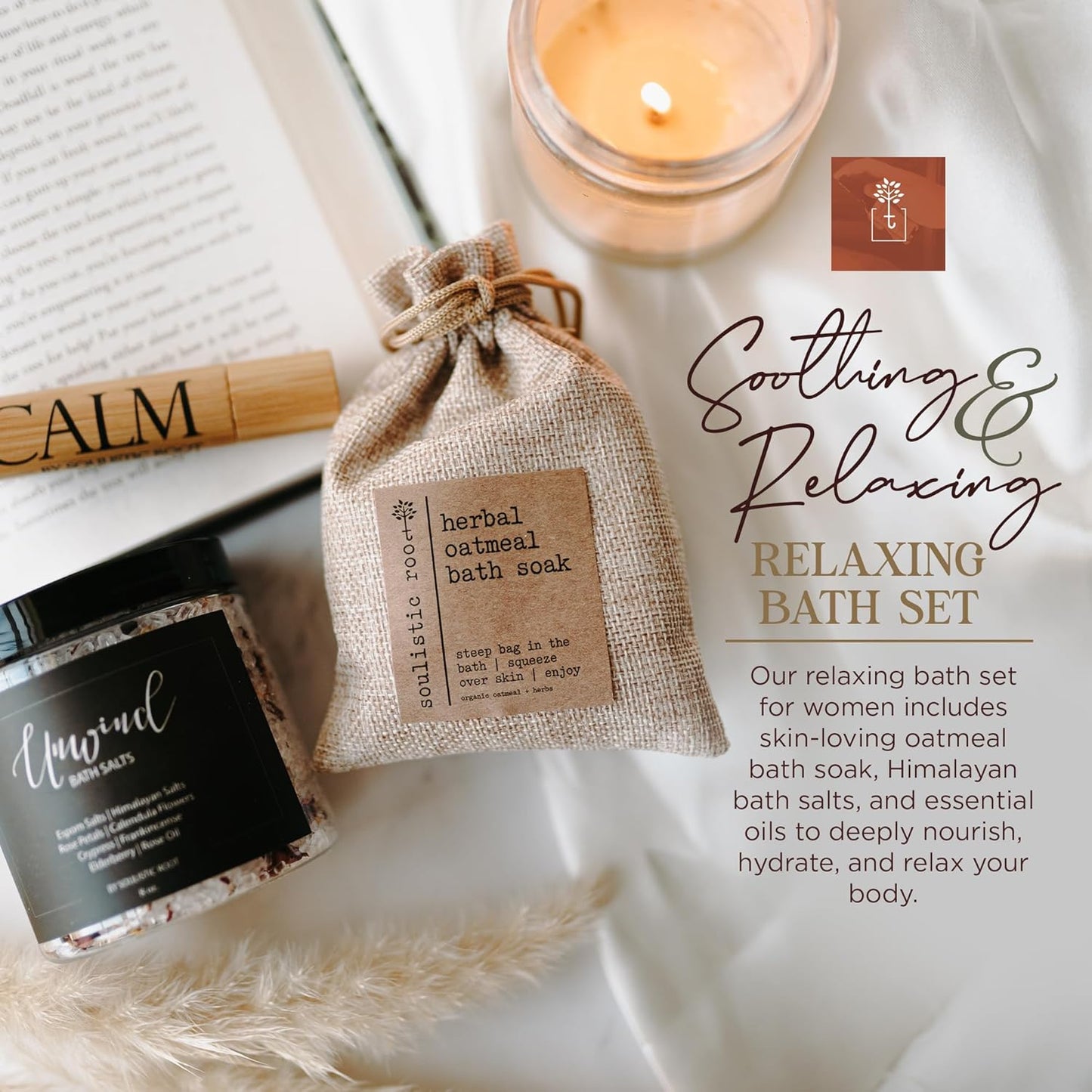 Soulistic Root Relaxing Bath Gift Set, Luxury Spa Gifts for Women, Self Care Products for Women and Men, Calm Essential Oil Roller, Oatmeal Lavender Bath Soak & Epsom Salts with Essential Oils