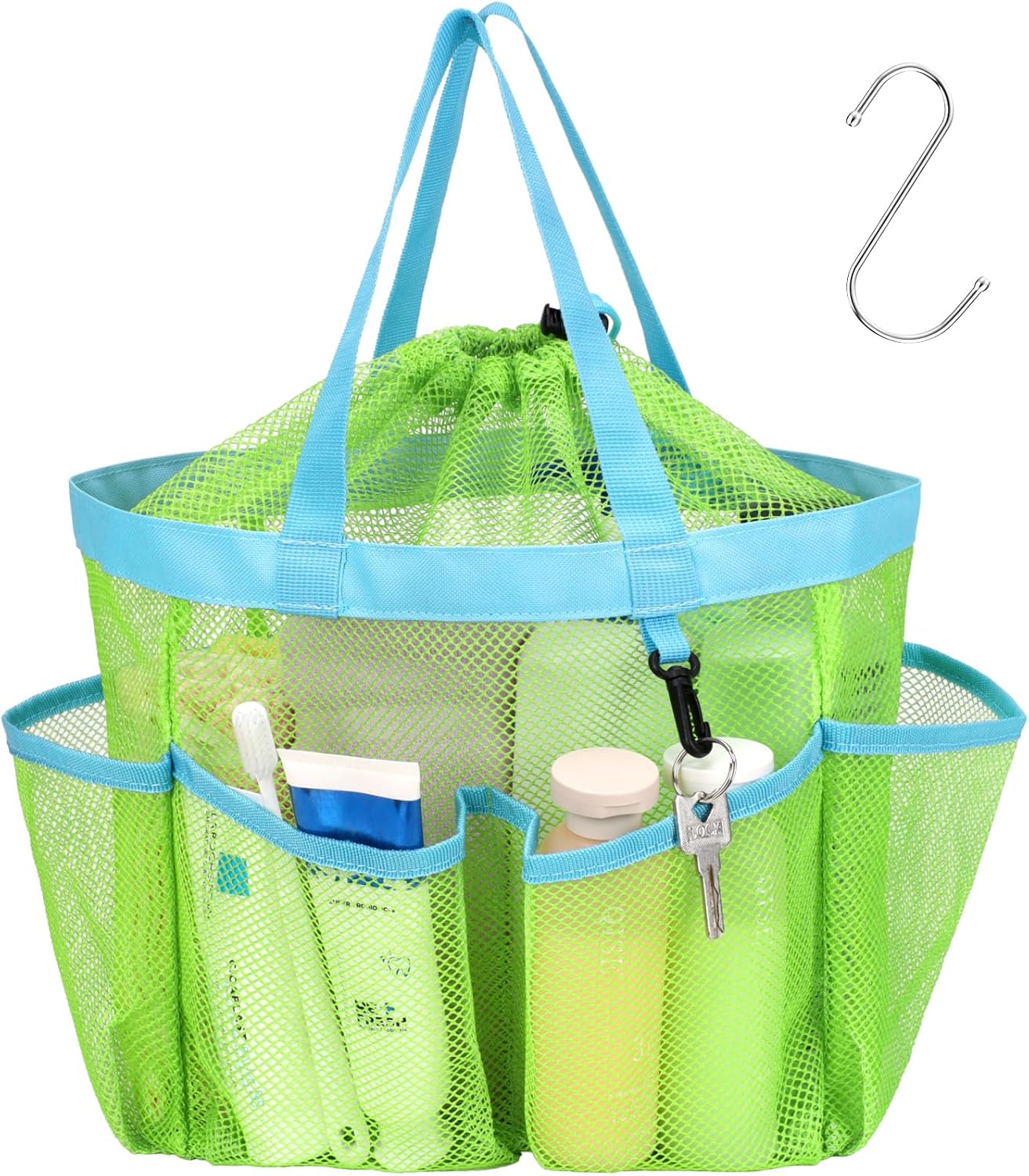 F-color Mesh Shower Caddy Portable with Drawstring - Upgrade Deeper 7 Pockets Dorm Room Essentials for Guys Girls with S Hook, Shower Bag Basket Tote for College Camping Toiletry Bathroom, Green