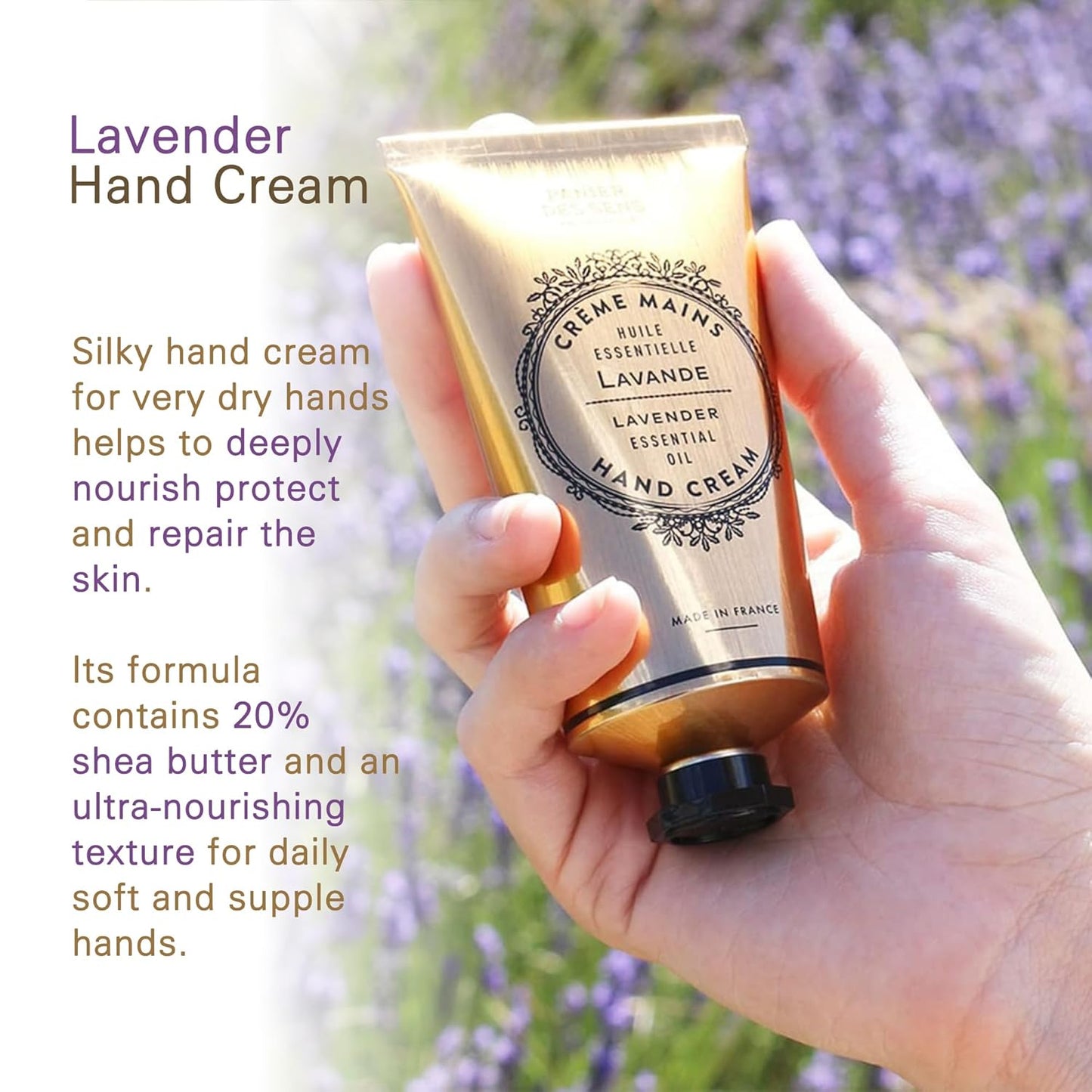 Panier des Sens - Hand Cream for Dry Cracked Hands - Lavender Hand Lotion with Shea Butter & Olive Oil - Vitamin E Skin Moisturizer with 97% Natural Ingredients - Made in France, 2.5 fl oz